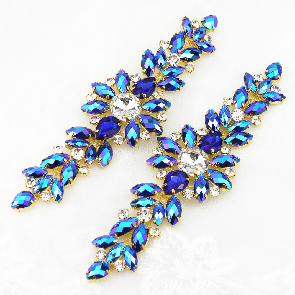 Sew On Rhinestone - 18.2X5.5 ซม.AB เย็บบนแพทช์ Rhinestone แฟชั่นคริสตัลฐานทองดอกไม้ rhinestone