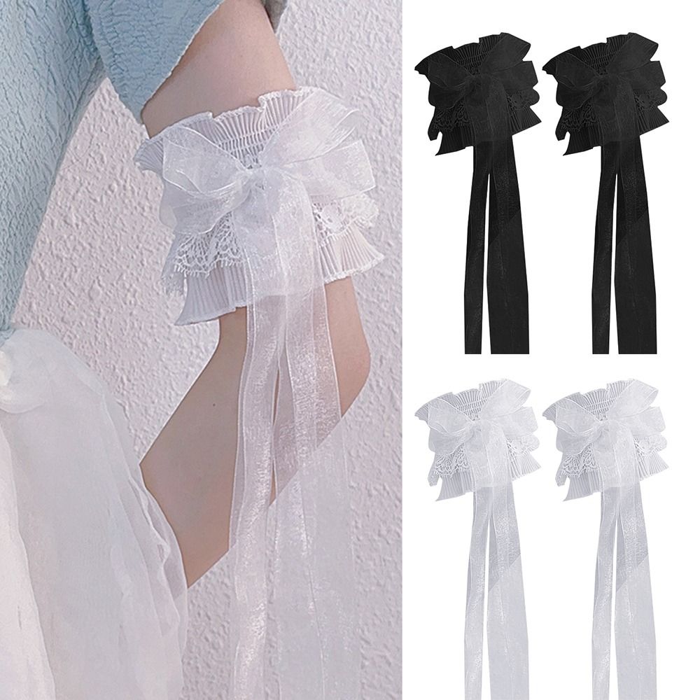 Elastic Lace Trim - แขนเสื้อผูกโบว์สำหรับเจ้าสาวถุงมือปั่นจักรยานลูกไม้ชั้นลายดอกไม้ยืดหยุ่นมีระบายและริบบิ้นยาวแขนยาว